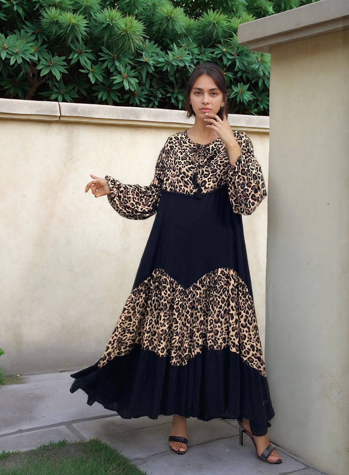 Belissh Abstract Panel Maxi Dress in Leopard Print