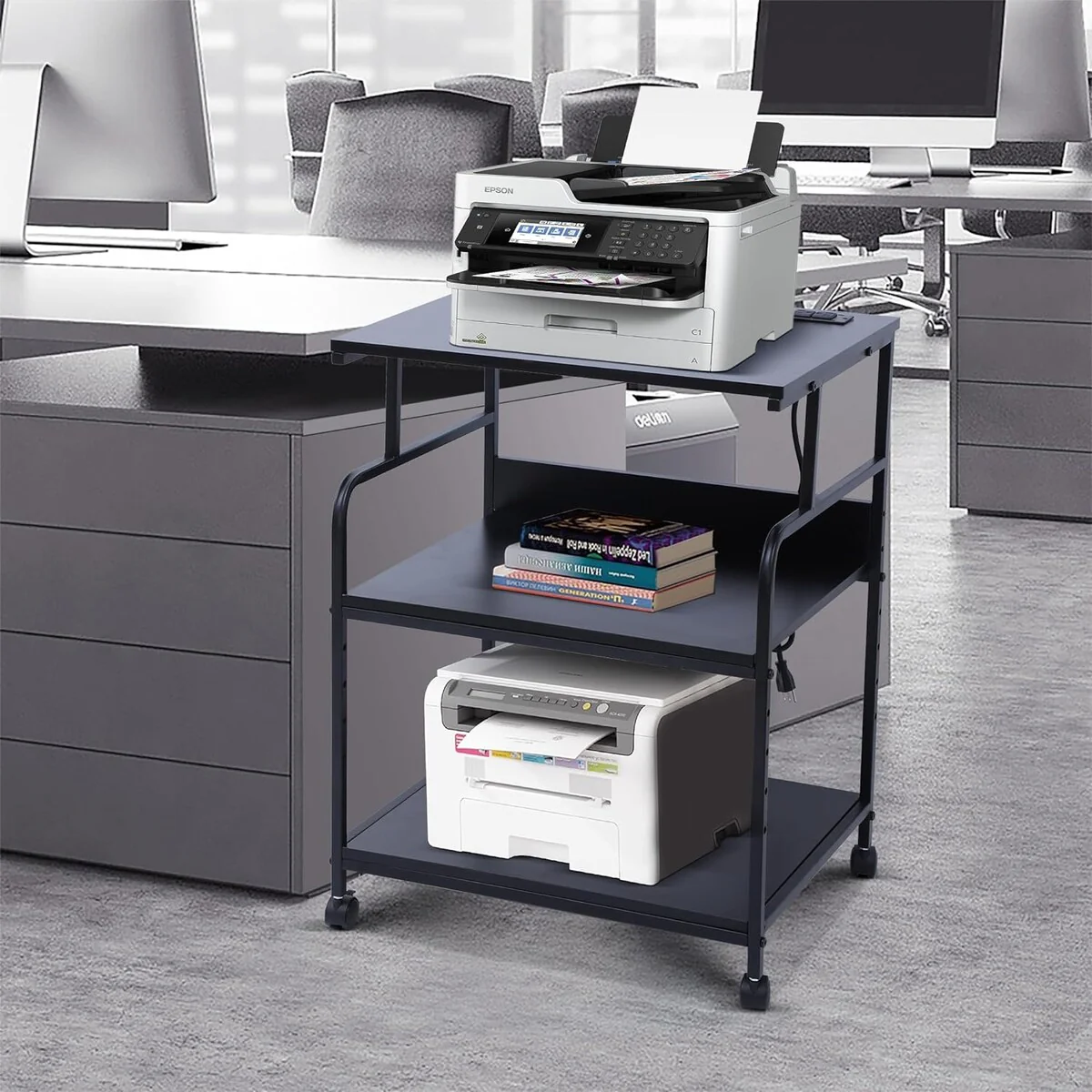 Printer Stand, Mobile Printer Cart, 3-Tier Printer Storage Rack with Charging Station and Roller for Office, Home (Black)