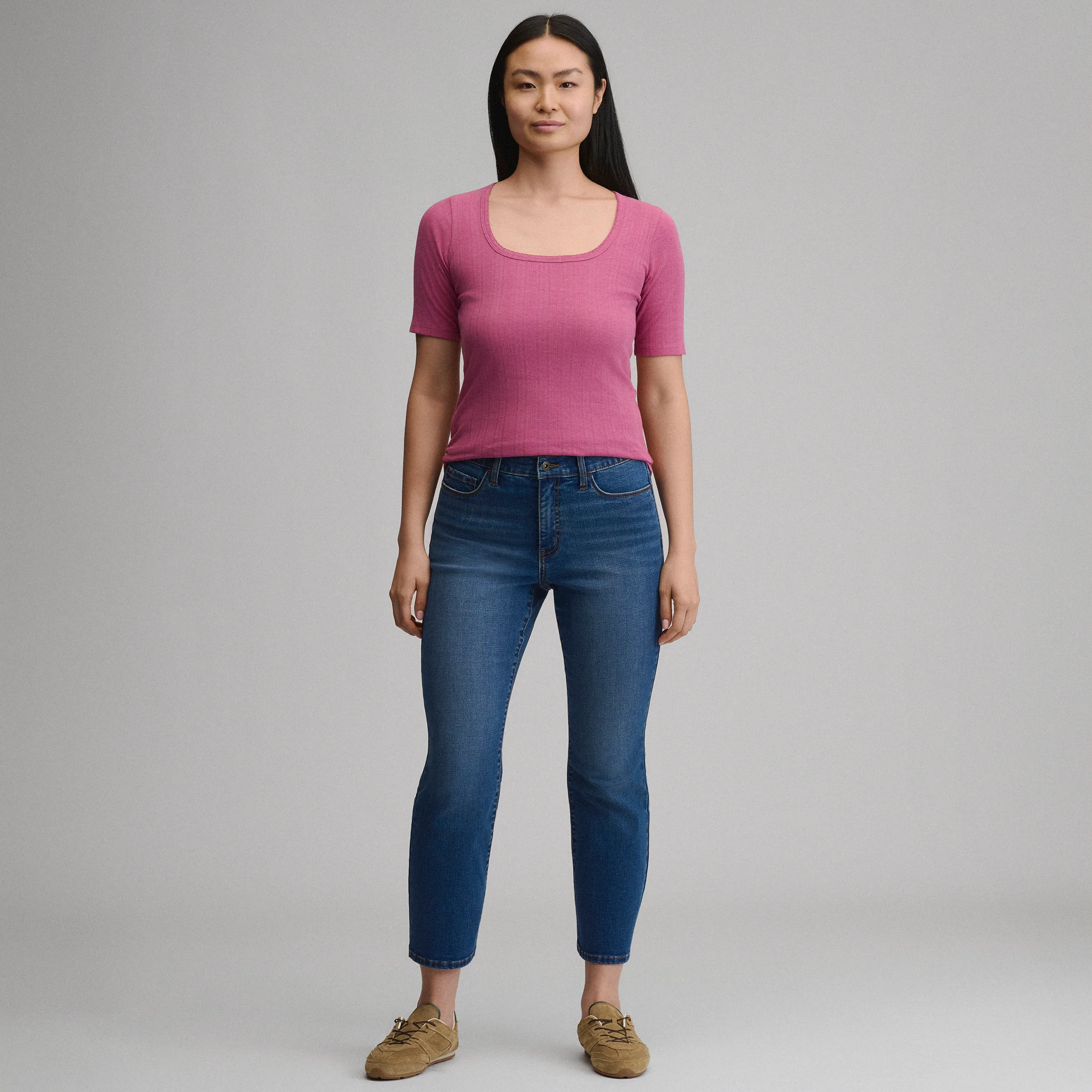 Women's Short-Sleeve Pointelle Square-Neck Crew