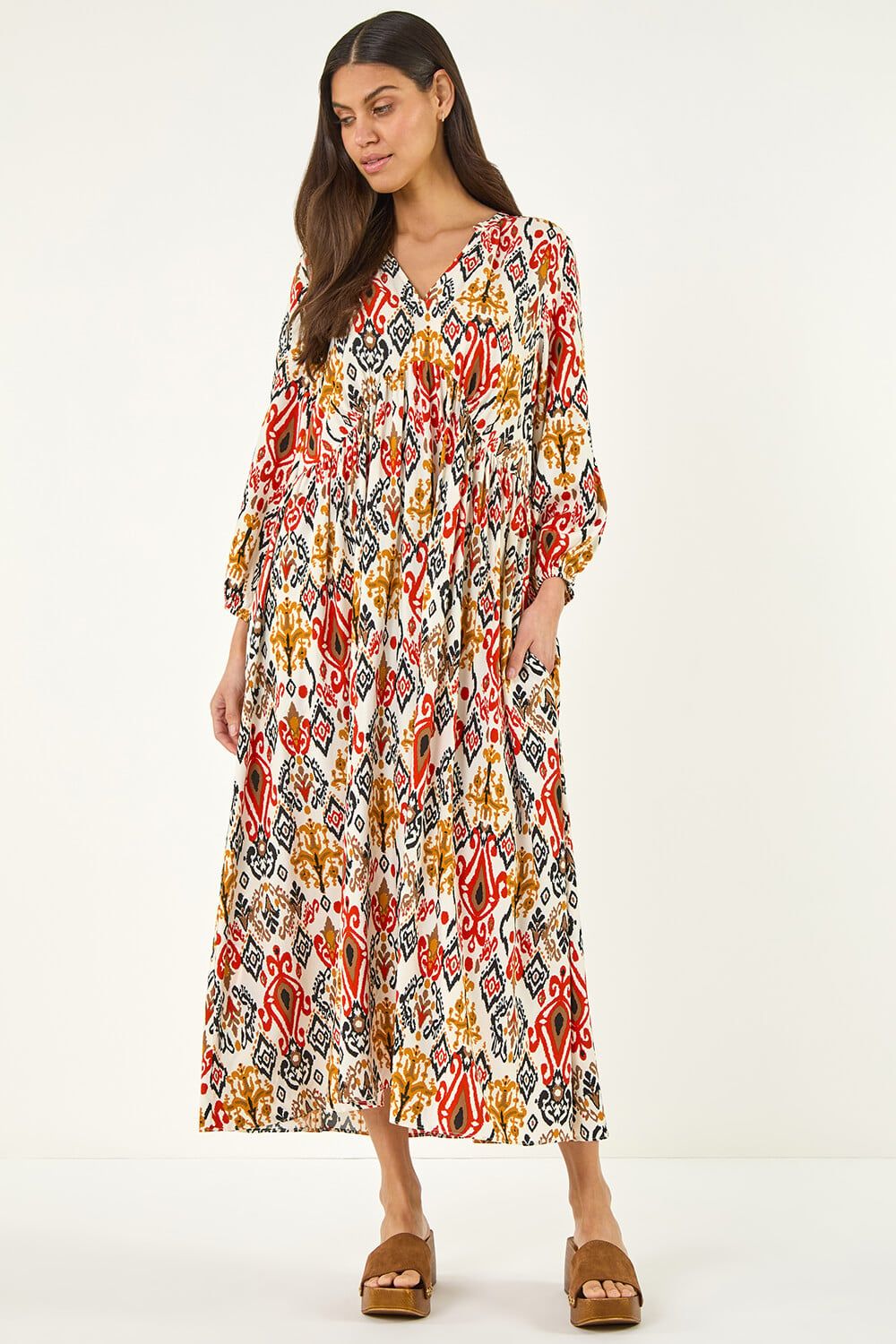 Roman Abstract Print Empire Waist Dress