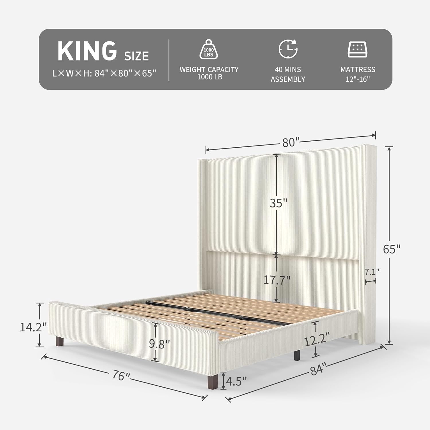 King Size 65.2 Upholstered Bed Frame with USB Charging Station,Soft Washable Corduroy Cover with Wingback Headboard, Solid Wood Legs/Noise-Free/No Box Spring Needed/Beige