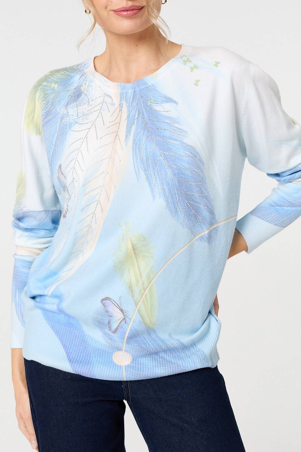 Izabel London Feather Print Long Sleeve Relaxed Jumper