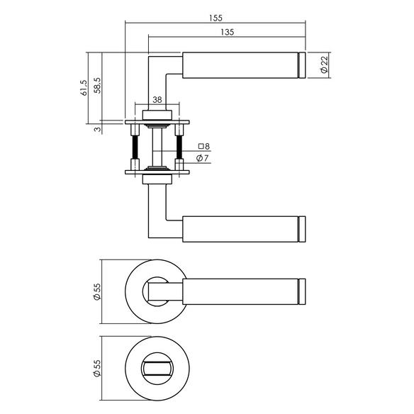 Türdrücker, D.55x3 mm WC8 mm stift Bau-Stil