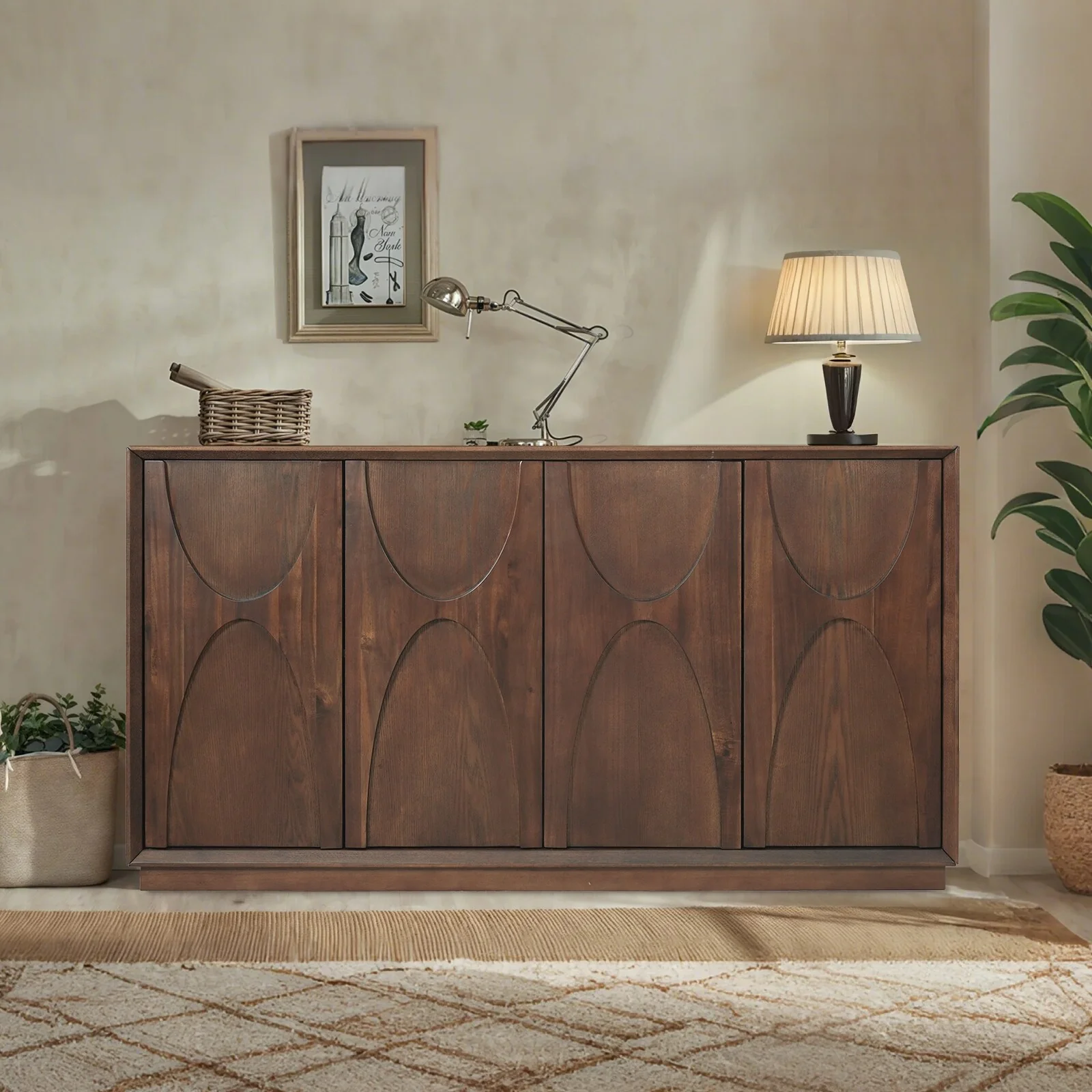 Modern 4-Door Wooden Cabinet with Adjustable Shelves - Stylish Storage Solution for Home or Office