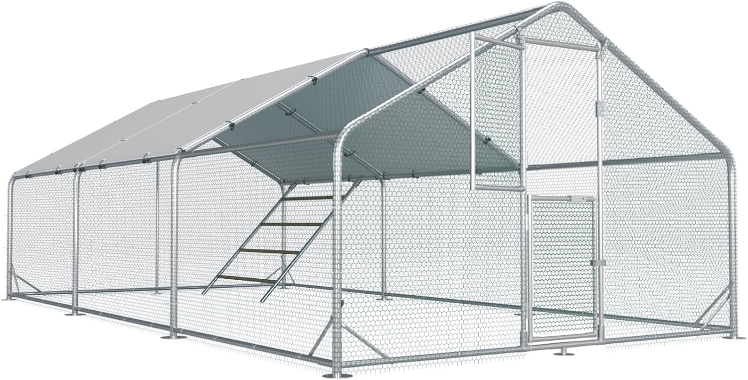 Large Chicken Coop Metal Chicken Run for Yard with Feeding Door Walk-in Chicken Pen for 20-30 Chickens Outdoor Poultry Cage with Anti-UV Cover Duck Rabbit House