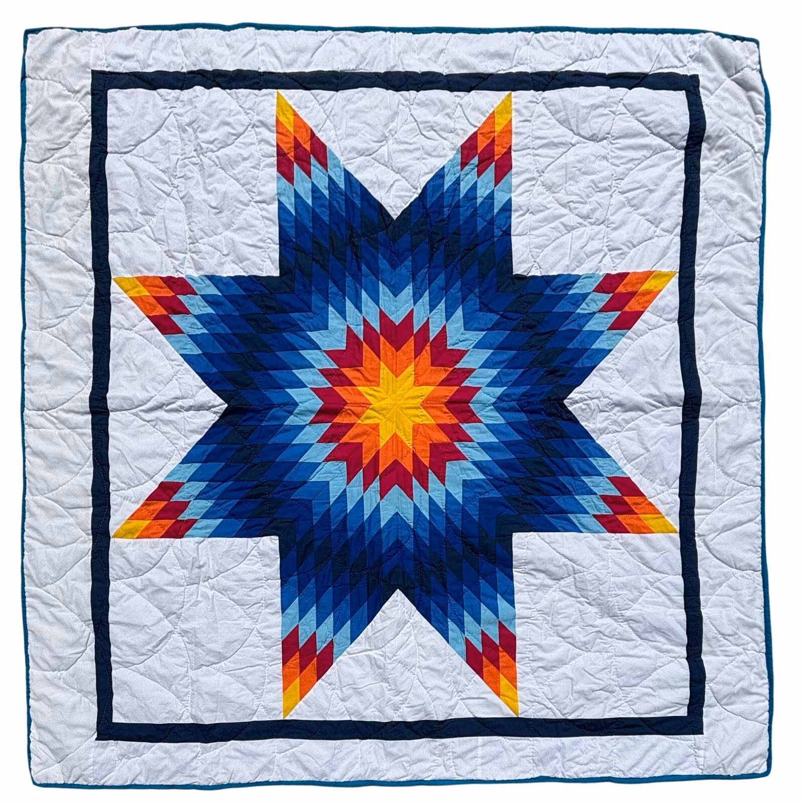 Vintage Quilt Patchwork Star Flower Pattern 76x70” Hand Made Blue Edging