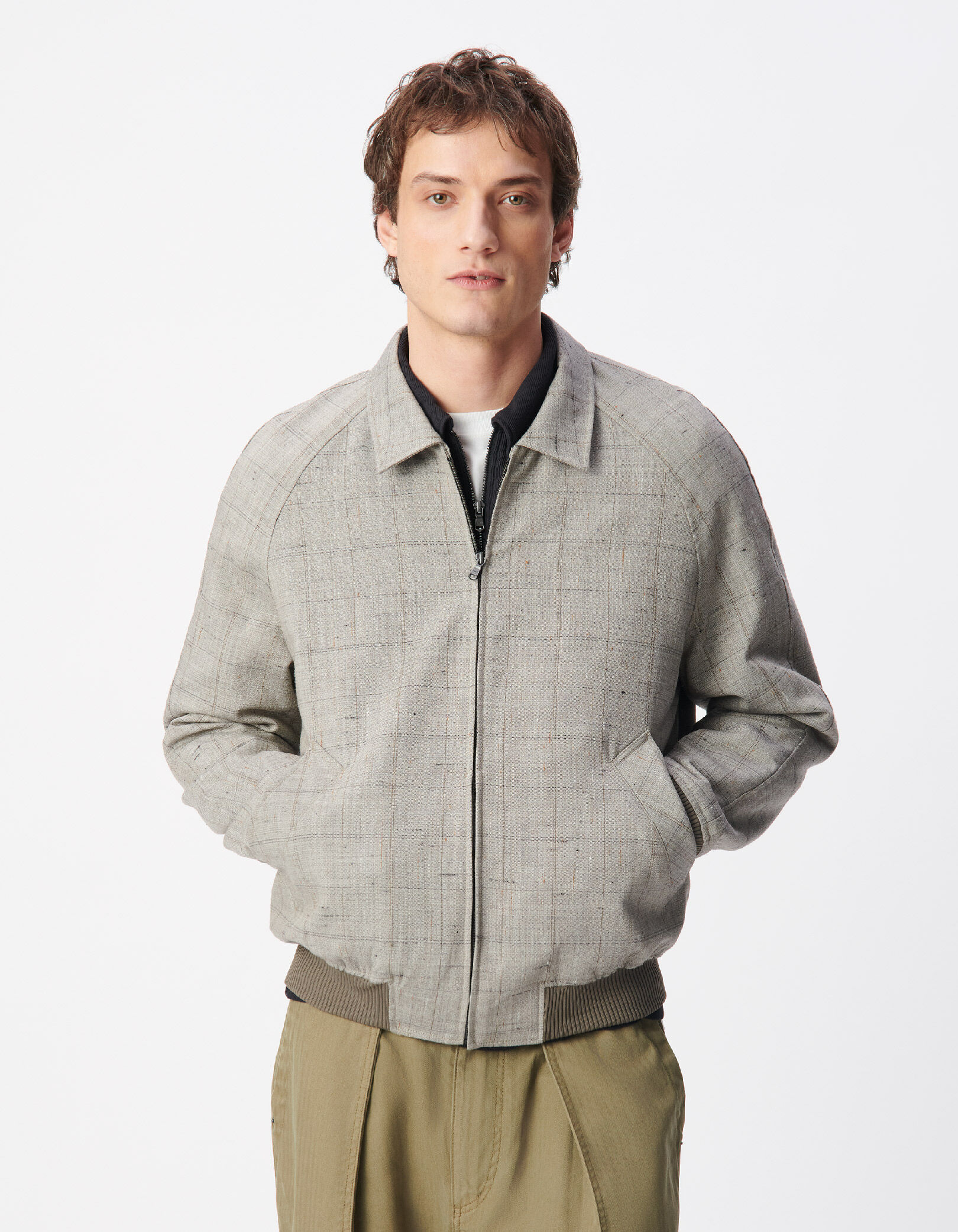 Bomber taupe zippé motif carreaux Homme