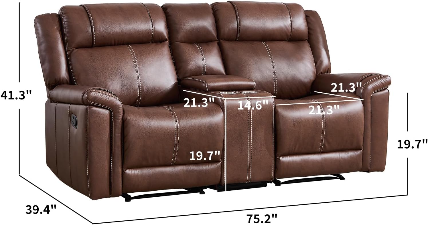 EBELLO Faux Leather Recliner Loveseat Sofa, Manual Reclining Couch, Mid-Century Modern 2-Seater Chair with Handy Cup Holders and Storage Space, for Living Room, Meeting Room, Brown