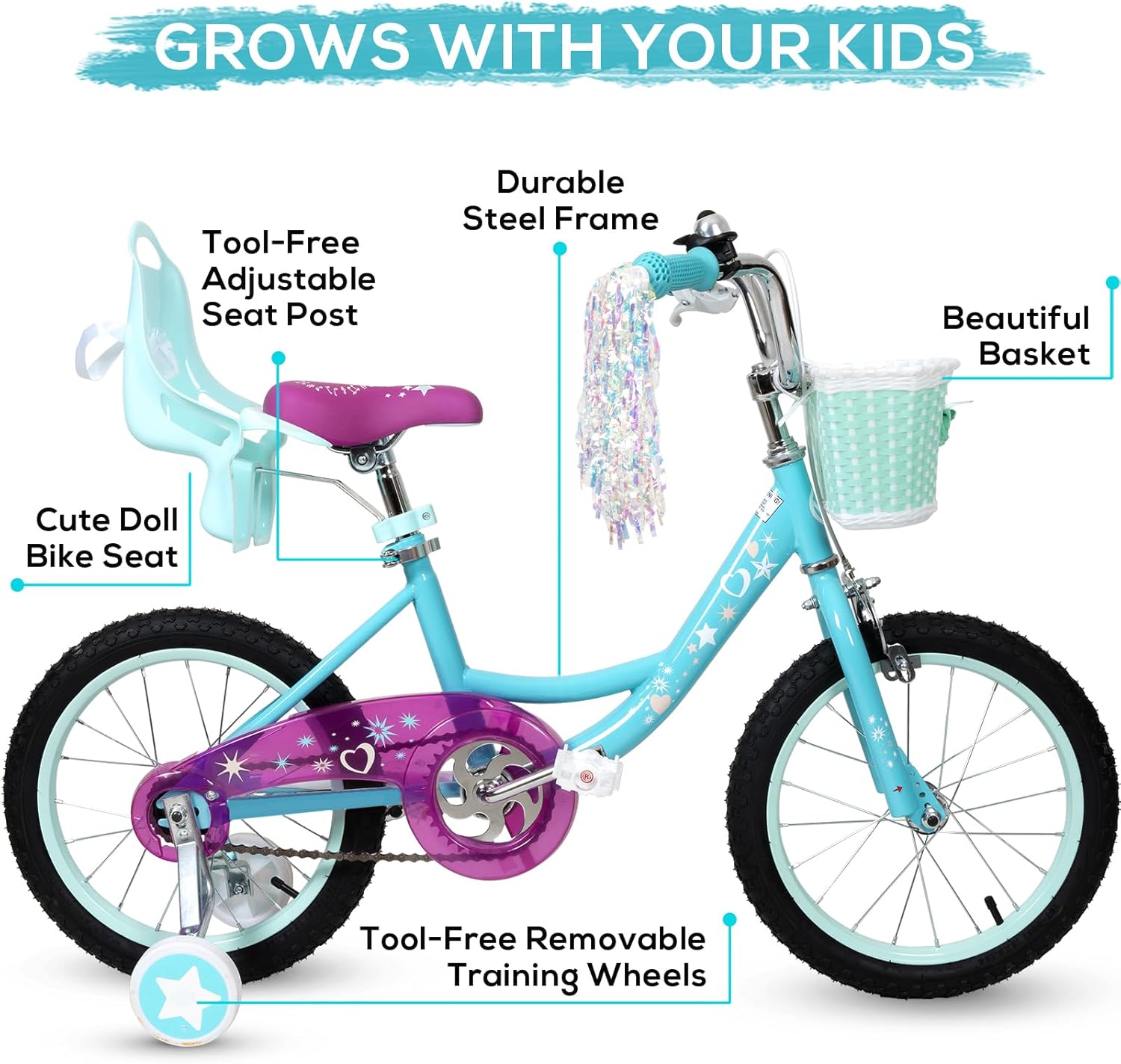 WEIZE Girls Bike for 3-12 Years Old Kids, 14 16 20 Inch Kids Bike with Training Wheels, Streamers, Basket and Doll Seat, Children Bicycles with Coaster Brake, Multiple Colors