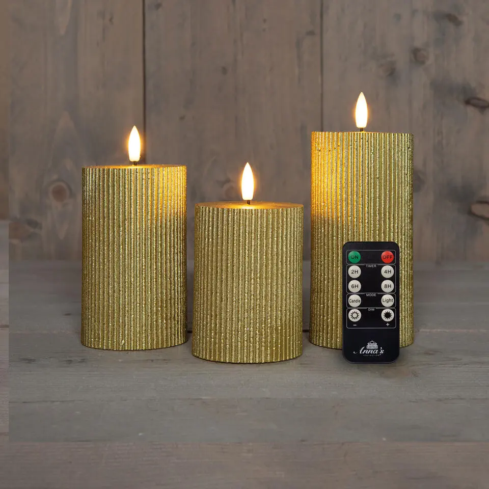 Anna Collection LED stompkaarsen - 3x - goud - ribbel