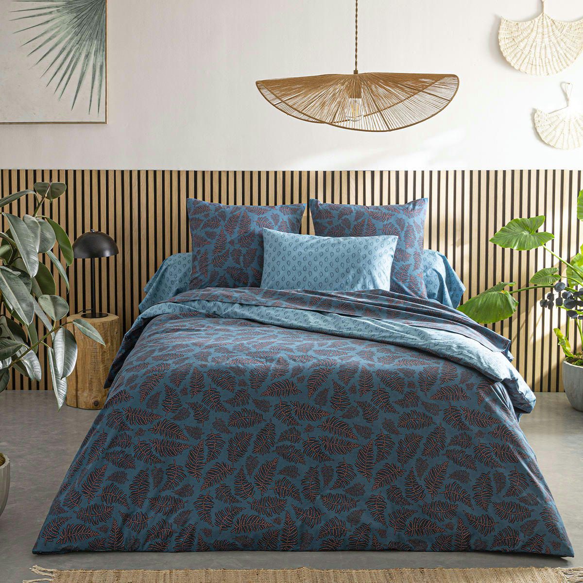 IRIS - Drap housse imprimé en bambou bleu 140x190cm