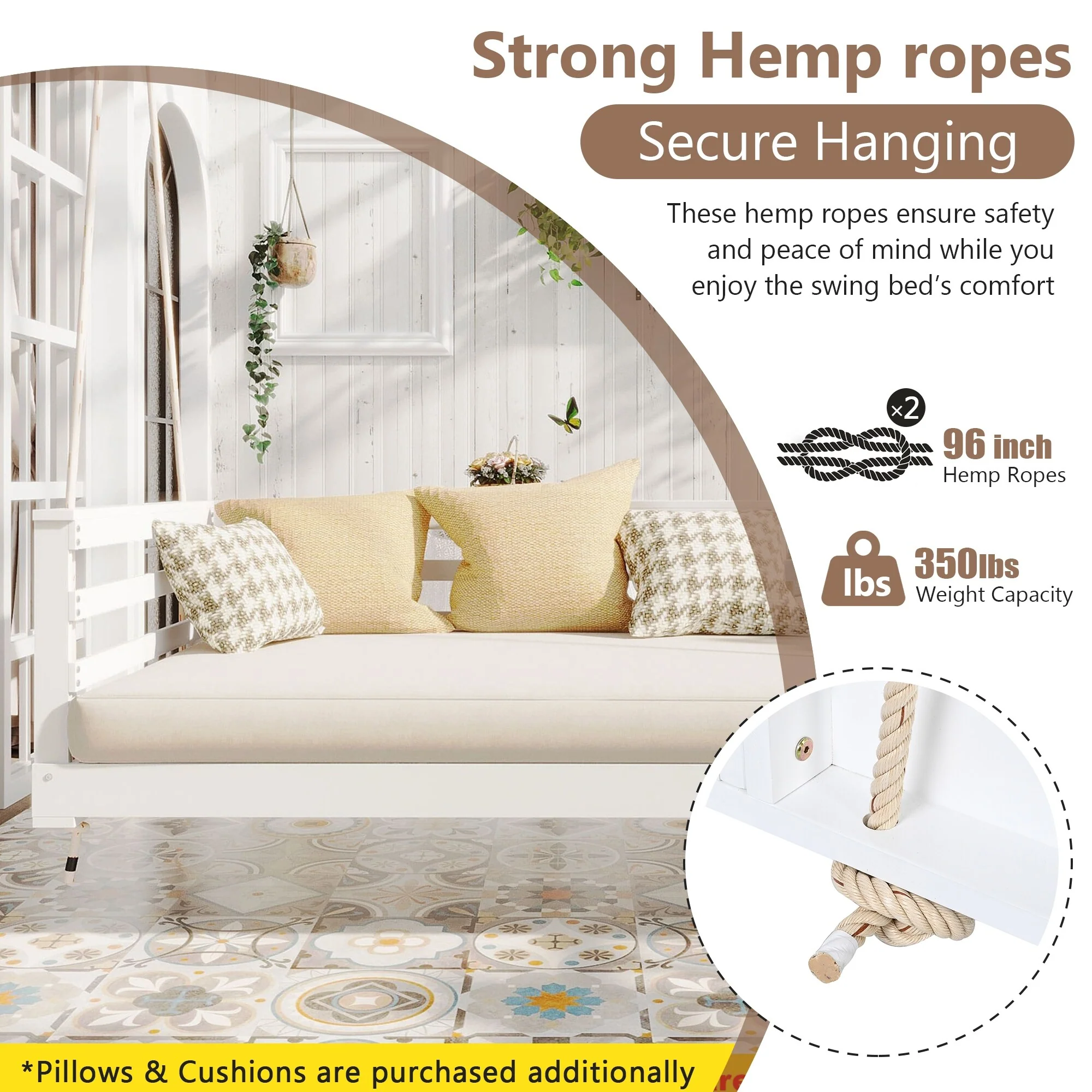 Patio Wooden Twin Size Swing Daybed Porch Swing Frame With Hemp Ropes (Excluding the table)