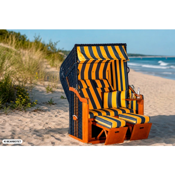 Strandkorb »Rustikal 250 Plus«, 2-Sitzer, Halbliege-Modell, Kunststoffgeflecht, blau/gelb