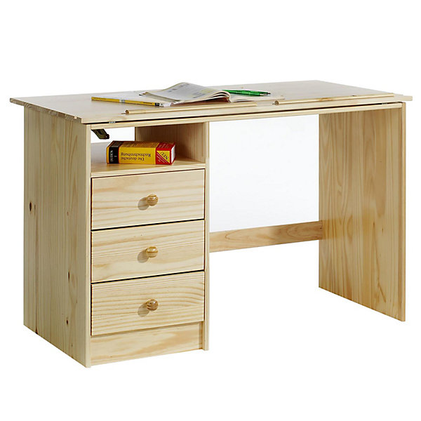 Bureau enfant KEVIN, en pin massif, 3 tiroirs et plateau inclinable, vernis naturel