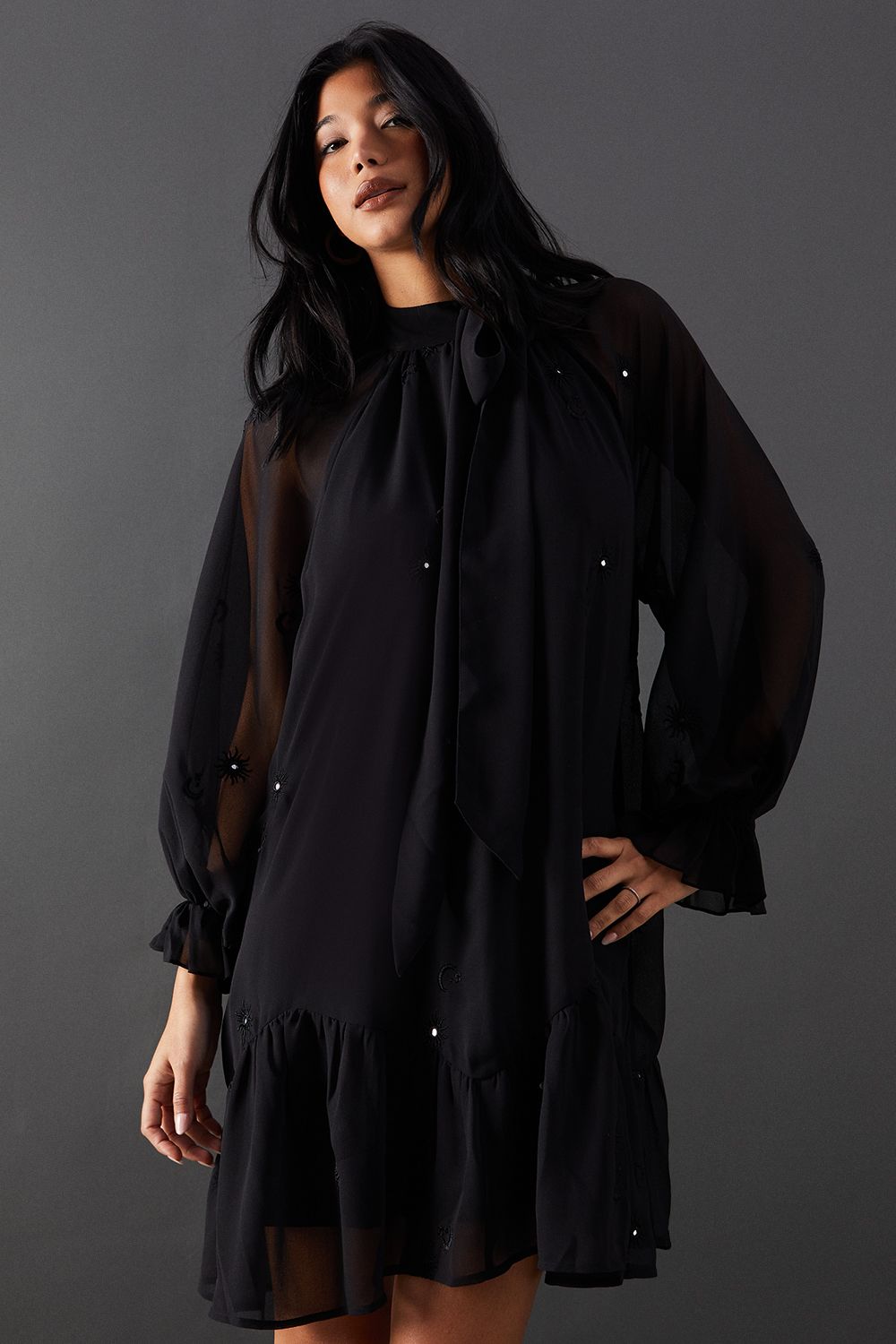 Warehouse Premium Chiffon Tie Neck Moon Embellished Sequin Mini Smock Dress