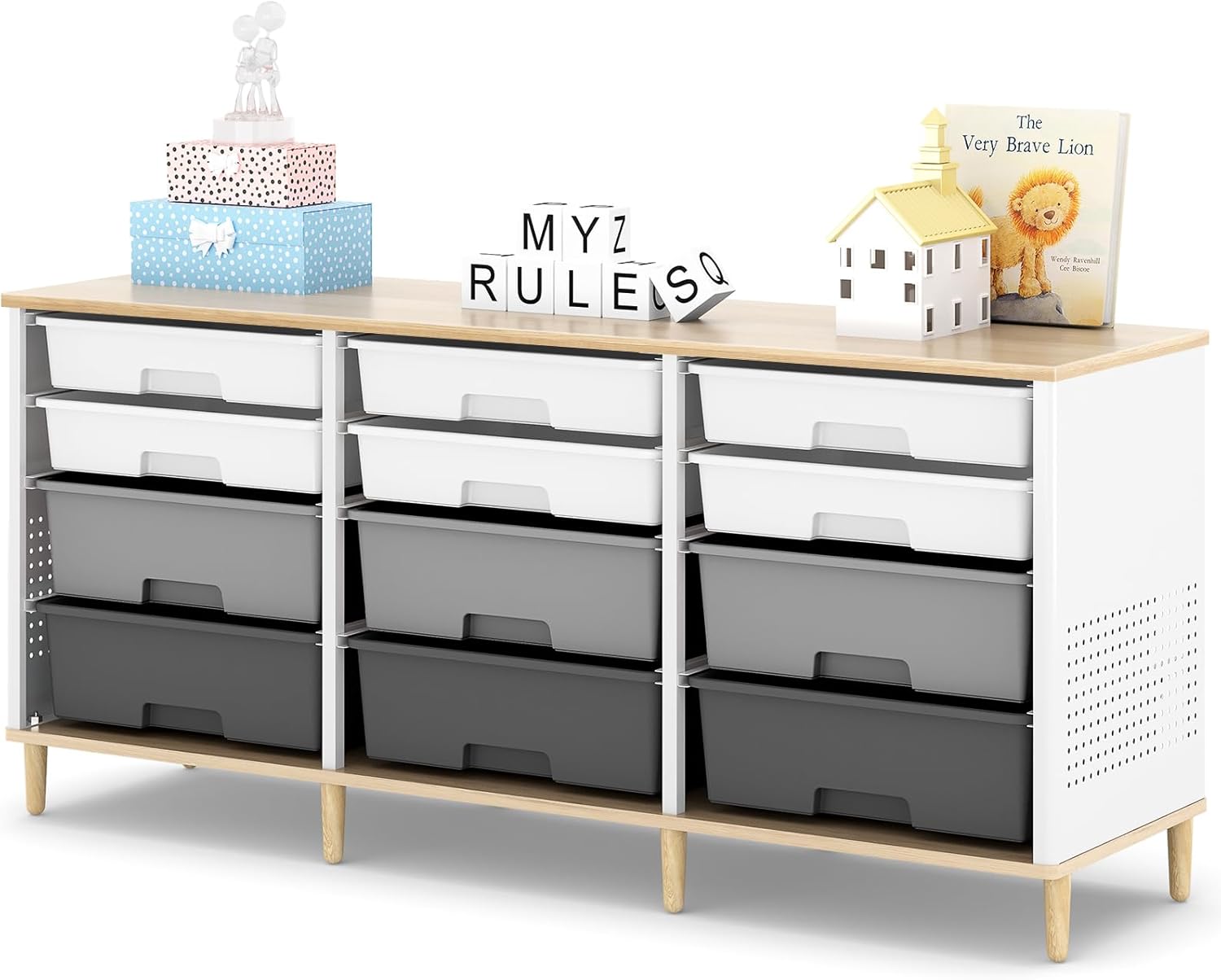 12 Drawers Storage Cabinet with Wooden Top and Plastic Bins, Toy Storage Organizer Toy Shelf Storage Chest Cubby Organizer for Home, Office, Playroom, Classroom & Craft Room Storage (Gradient Grey)