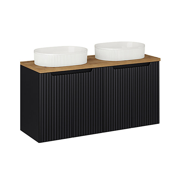 Ensemble meuble double vasque 120cm 4 portes et colonne Riva Noir et Bois