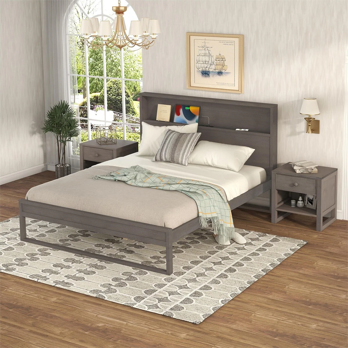 Platform Bed with Two Nightstands