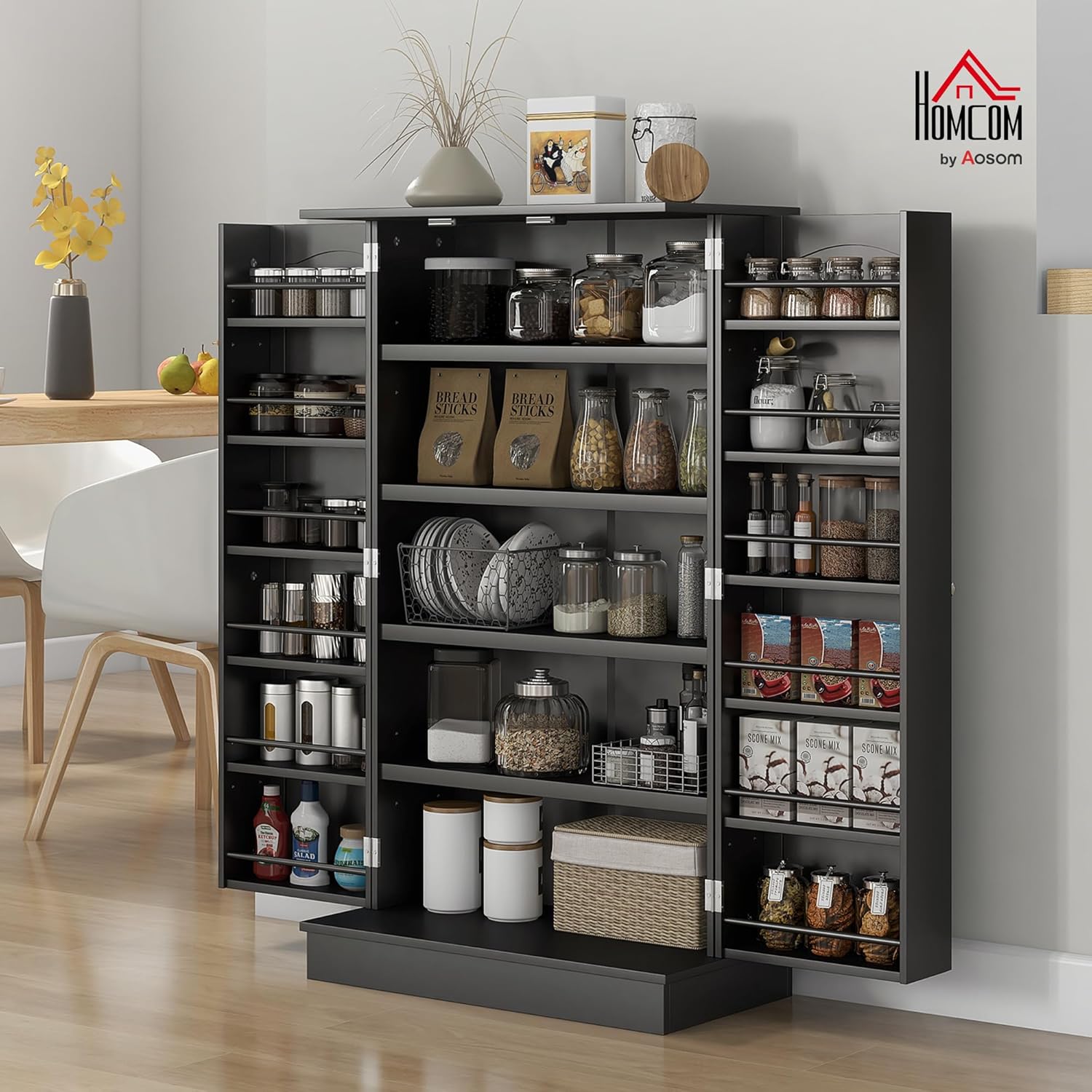 HOMCOM 41 Kitchen Pantry Storage Cabinet, Freestanding Kitchen Cabinet with 12 Door Shelves, Double Doors, 5-Tier Shelving and Adjustable Shelves, Black