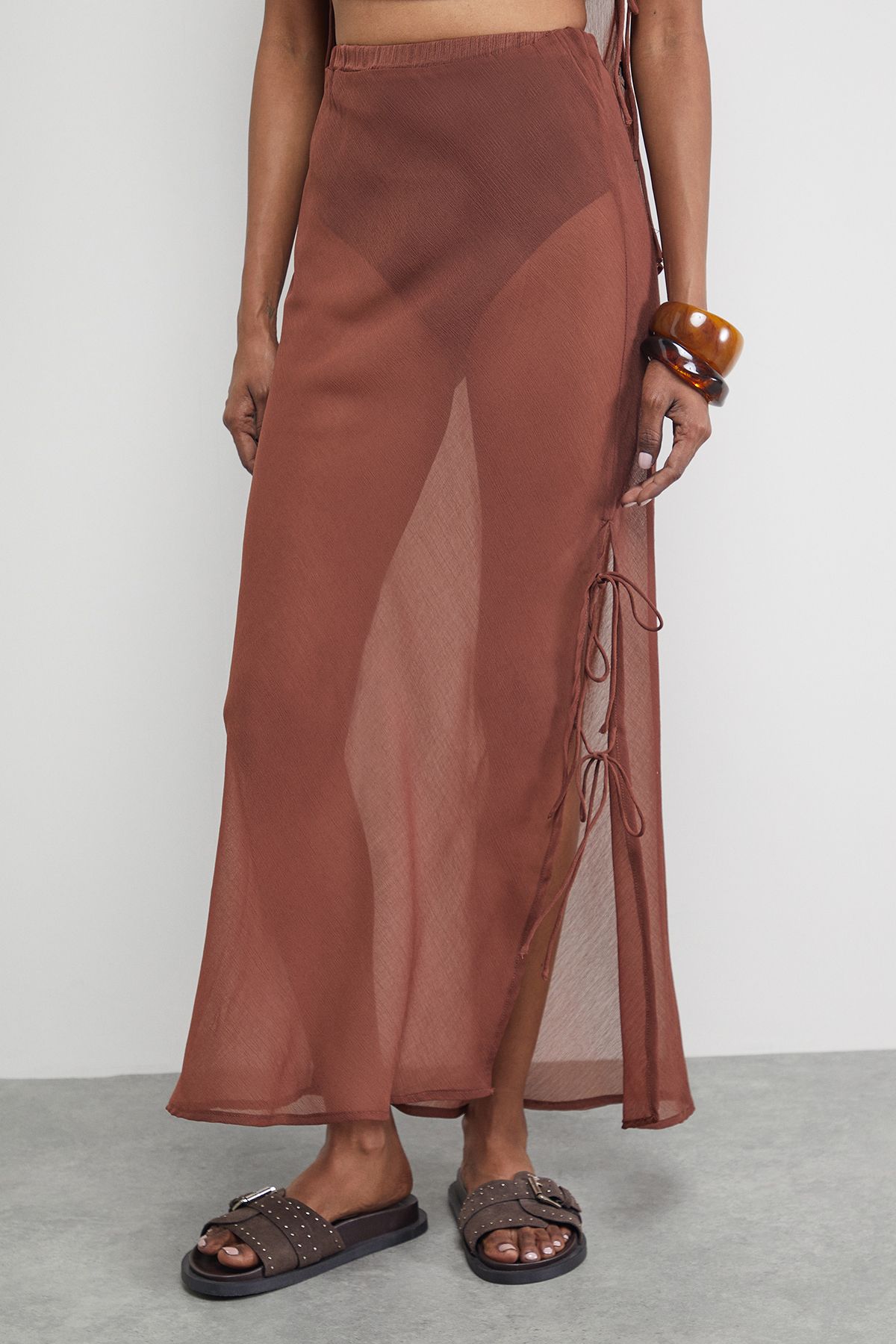 Warehouse Chiffon Tie Side Column Midi Skirt