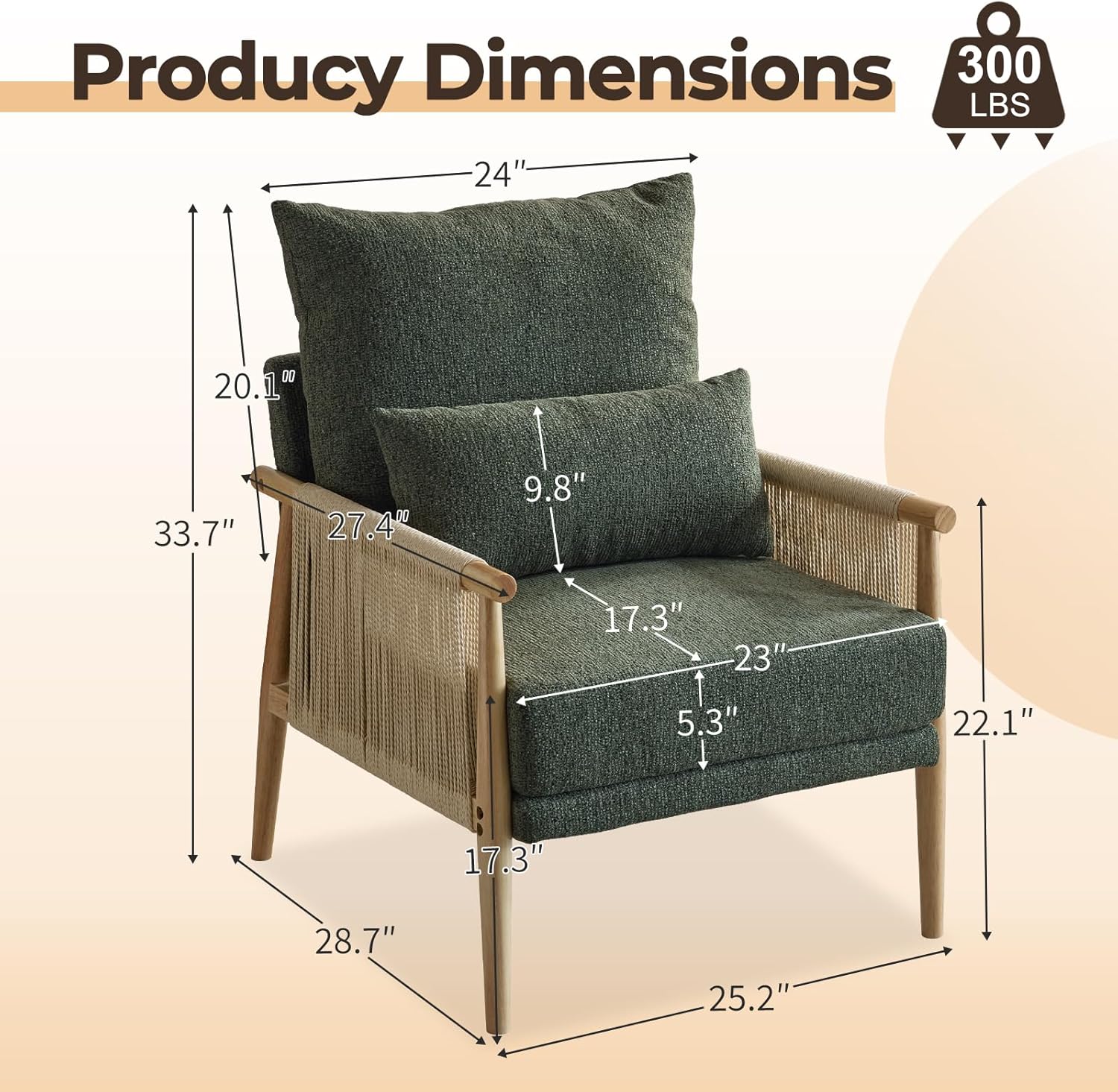 Karl home Cozy Chenille Accent Chair with Lumbar Pillow & Rattan Arms Modern Lounge Chair for Living Room, Bedroom, Reading Nook, Green