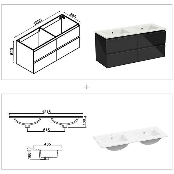 Ensemble meuble salle de bain 120 cm noir brillant avec 4 tiroirs, double lavabo céramique   colonne haute, suspendu