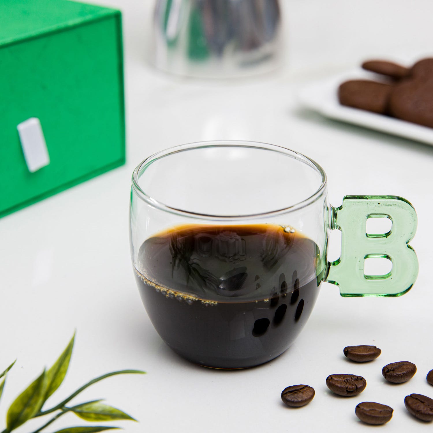 Tazzina caffè lettera B verde in vetro borosilicato, 150 ml