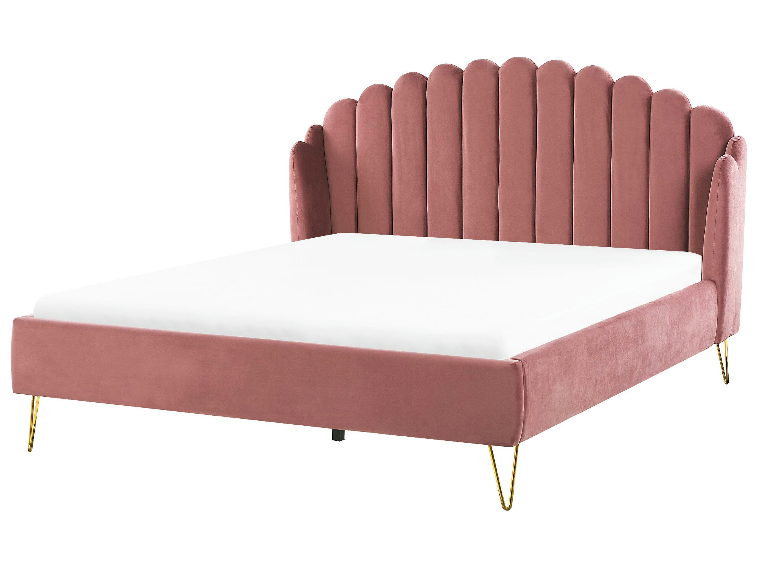 AMBILLOU - Lit double en tissu rose 180x200
