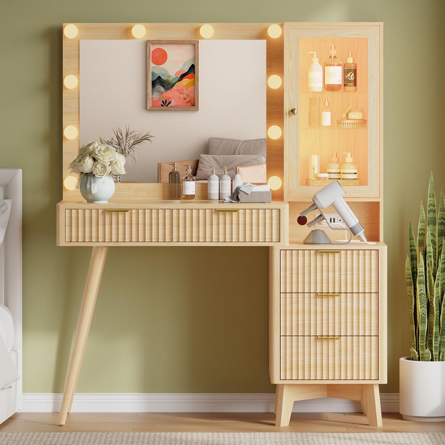 45'' Fluted Makeup Vanity Desk with LED Lights Mirror & Charging Station, Modern Glass Top Vanity Table with 5 Drawers & Glass Cabinet, Dressing Table for Bedroom, Living Room, Oak