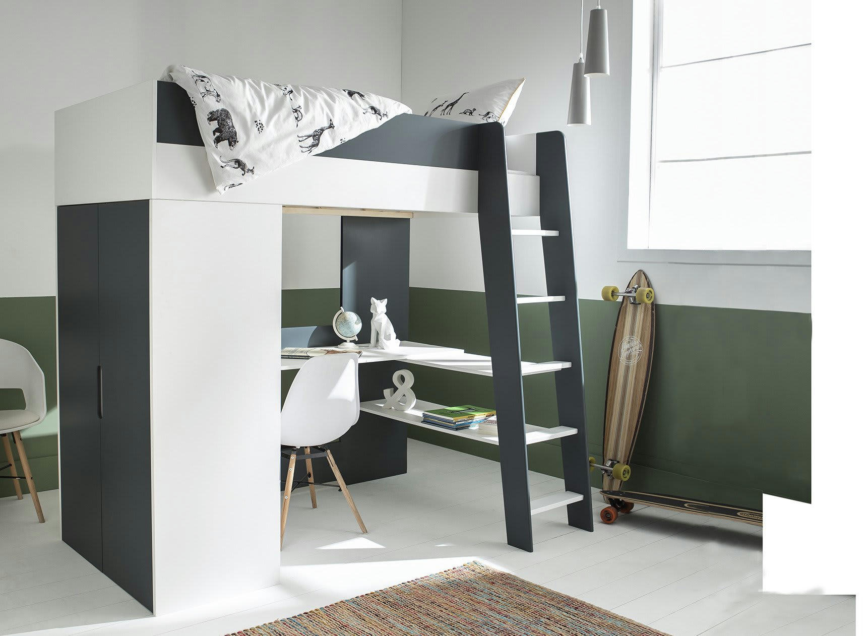 MANLY - Lit mezzanine avec bureau et armoire Blanc Et Bleu