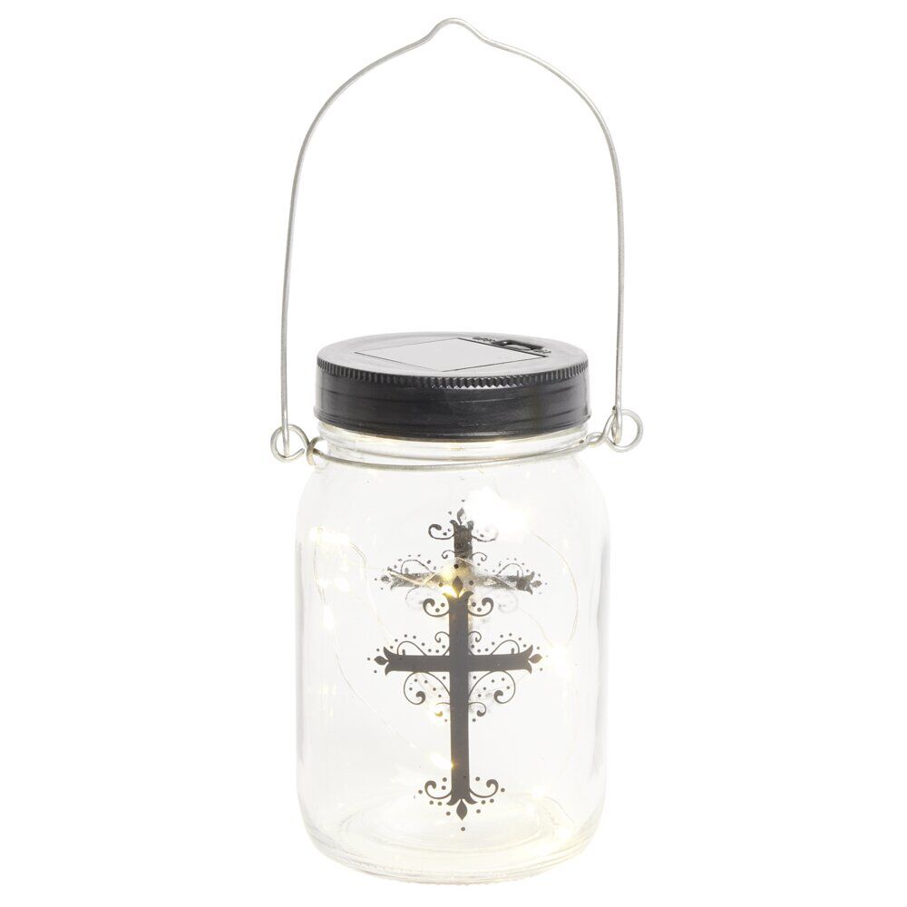 Lanterne funéraire solaire LED en verre avec croix à l'intérieur Ø7xH14cm