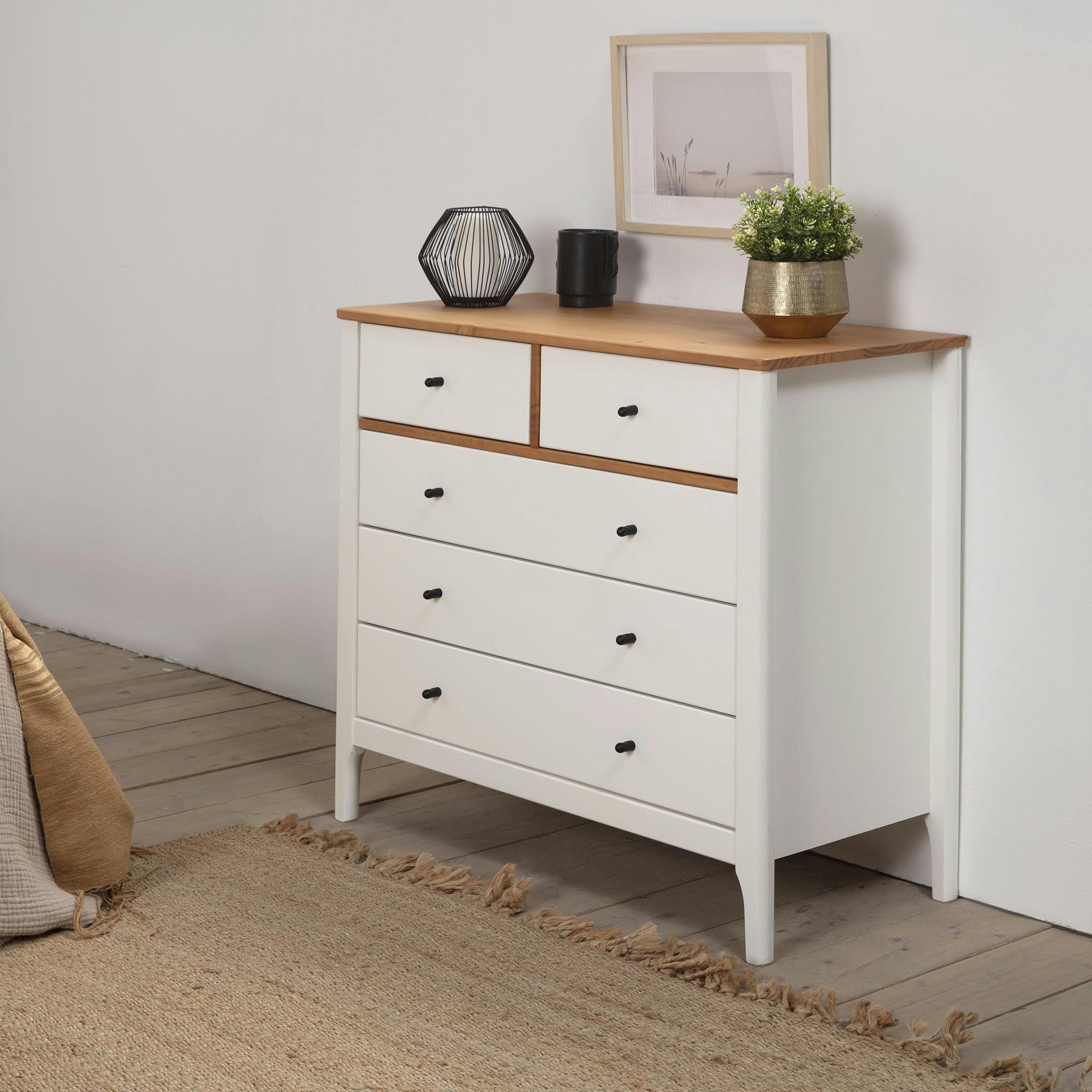 LUCA - Commode 5 tiroirs dans les tiroirs blanc/chêne, 79 cm longueur