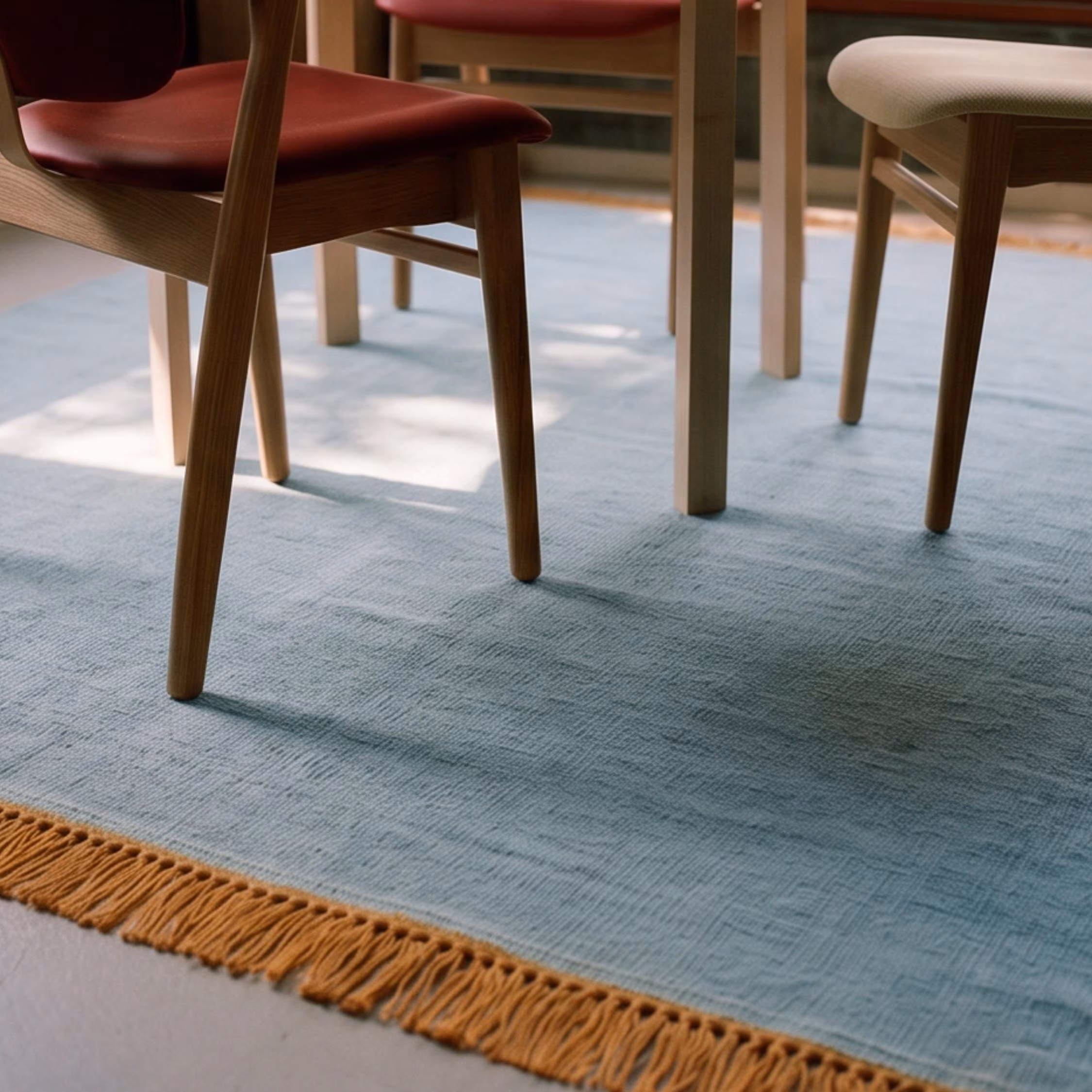 Light Blue & Orange Wool Handwoven Flatweave Rug. Minimalist Bohemian Rug For Bedroom Living Room.