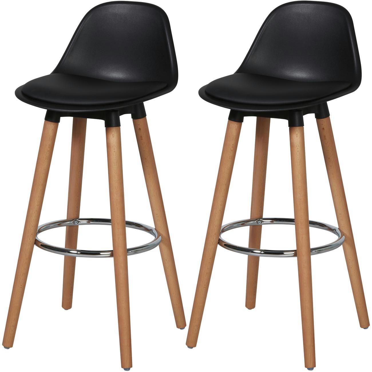 PAGGO - Lot de 2 - Tabouret De Bar assise plastique dur abs noir pieds metal