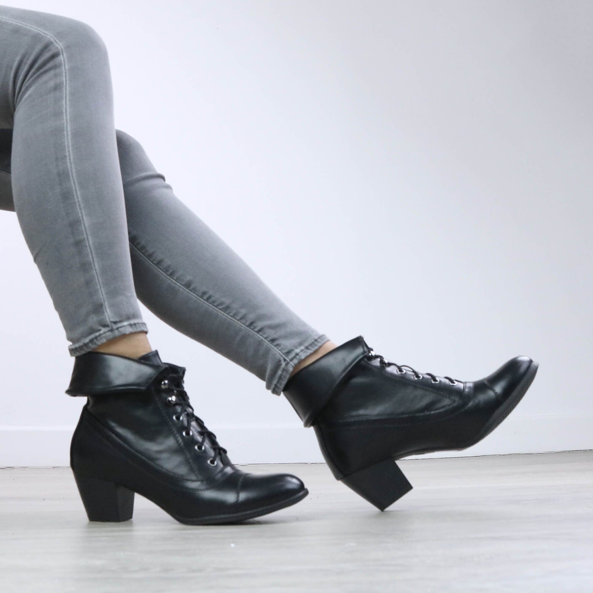 AJVANI Mid Heel Lace Up Granny Pixie Ankle Smart Boots