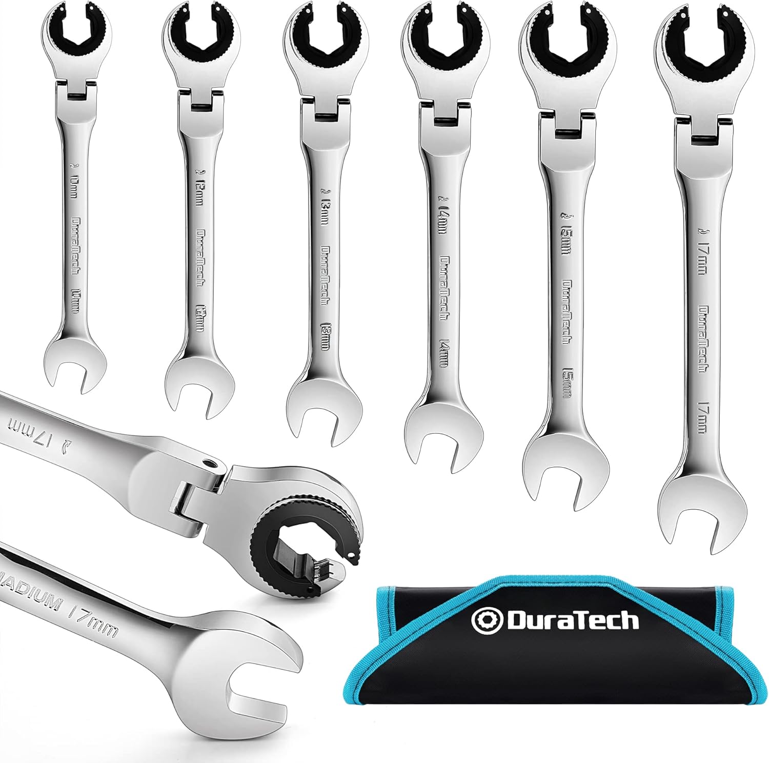 DURATECH 6-Piece Ratcheting Wrench Set with Open Flex-head, Metric Ratcheting Tubing Wrench Set, 10-17mm, 72-Tooth Gear, CR-V Steel, with Organizer Bag, Gifts for Men
