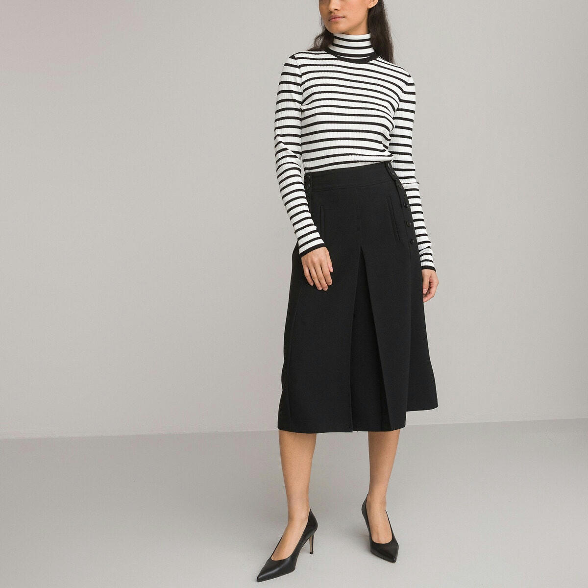 Pull basique col roulé à rayures, mailles à côtes