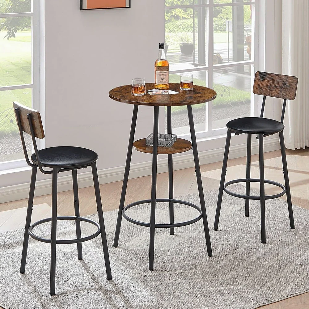 3-Piece Bar Table Set,2-Tier Round Bistro Dining Table & PU Stools