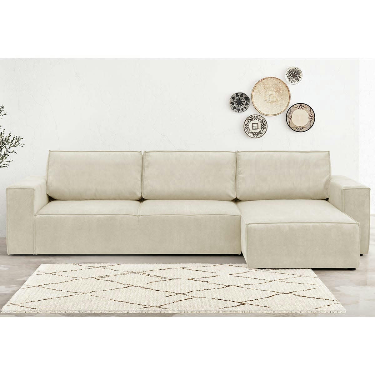 HARPER NEW - Canapé d'angle 5 places convertible en velours fines côtes beige