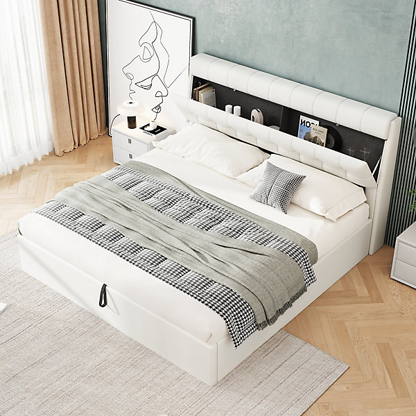 Lit Coffre 160x200 cm - Lit Double Capitonné avec Tête de Lit et Rangement Caché - PU - Sans Matelas - Blanc