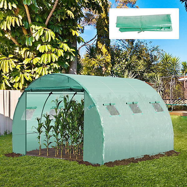 Bâche de rechange serre tunnel 9 m², bâche dim. 3L x 3l x 2H m PE anti-UV imperméable 6 fenêtres   porte enroulable zippée vert