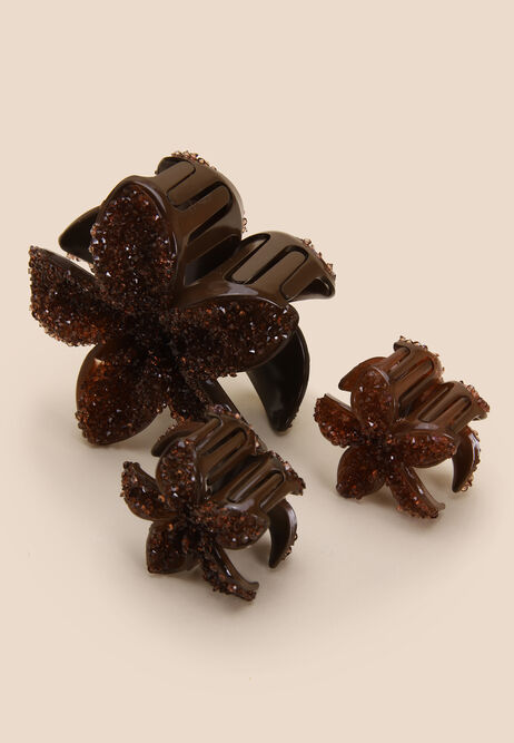 Womens 3pk Brown Sparkle Flower Claw Hair Clips