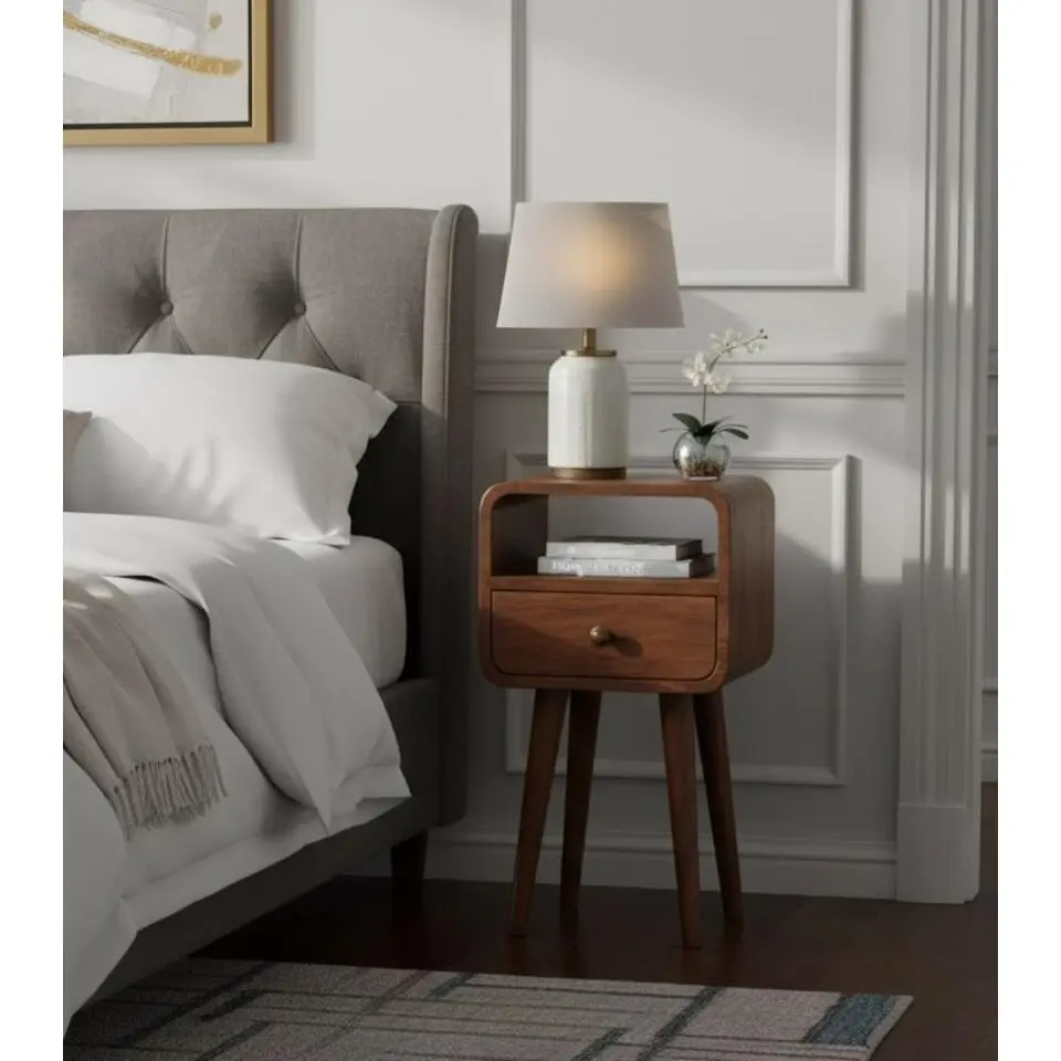 Artisan Furniture Massief hout Honey Caramel gebogen nachtkastje met open vak