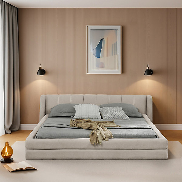 Lit Double Capitonné 160x200 cm - Lit Adulte en Chenille Doux avec Dossier Confortable, Cadre Bois et Métal - Beige - Sans Matelas