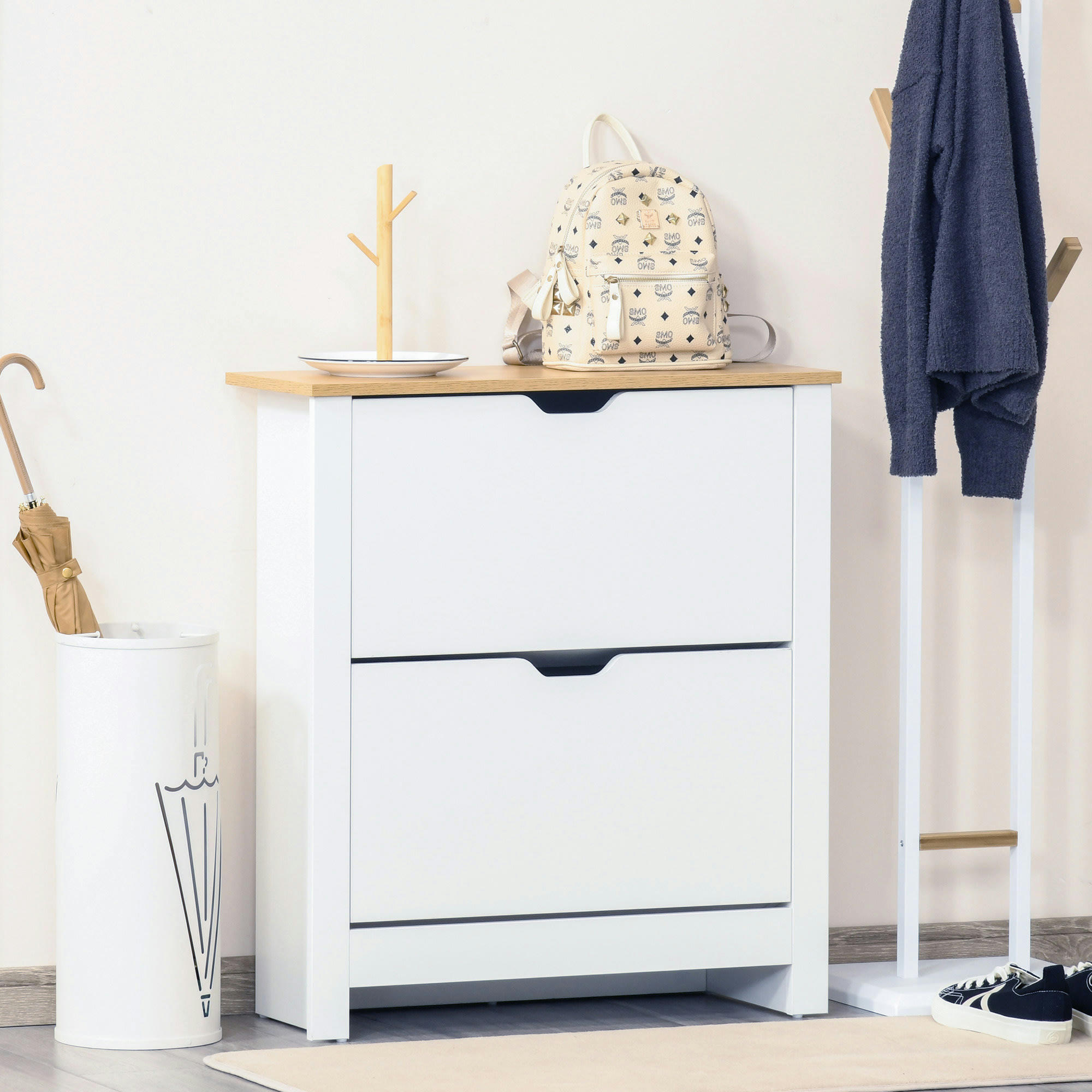 - Armoire à chaussures 2 portes abattantes 2 compartiments blanc chêne