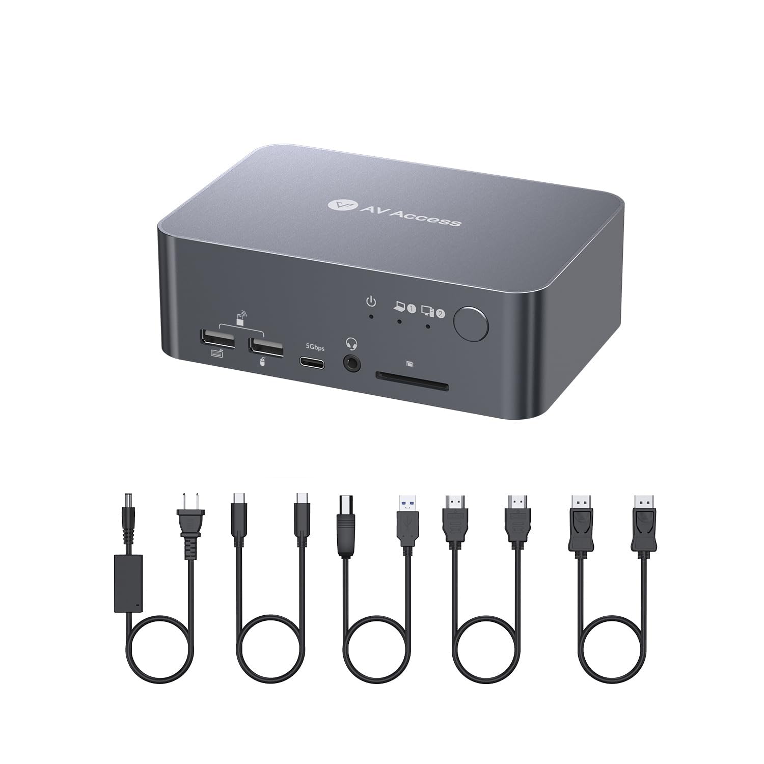 AV Access Docking Station Dual Monitor  KVM Switch 2 Monitors 2 Computers (Laptop & Desktop)  USB-C Charge & Ethernet for Laptop  EDID  4K@60Hz Dual HDMI Output  120W Power Adapter  5xUSB  Audio  SD