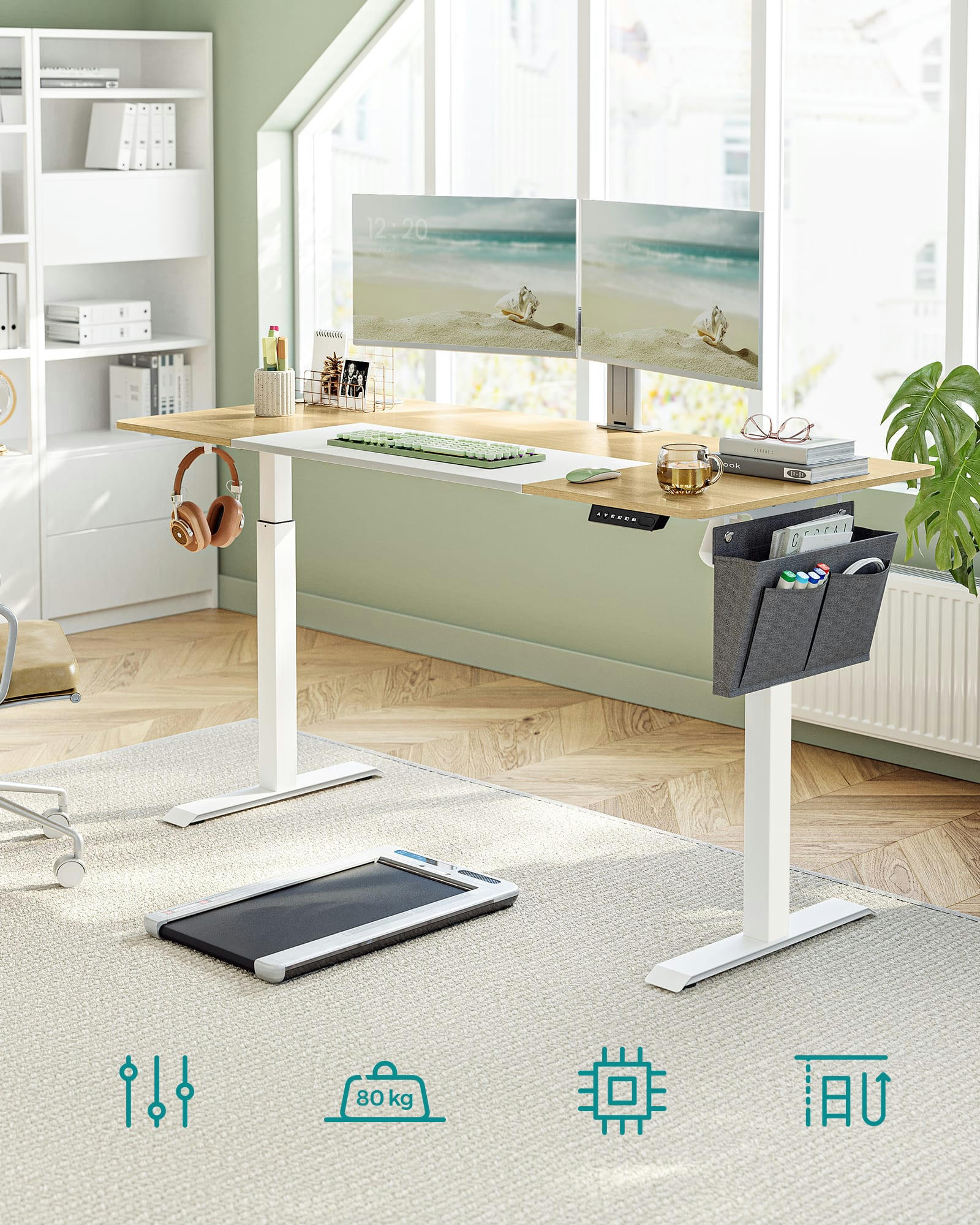 - Bureau assis-debout 160 cm effet bois blanc jaune pastel