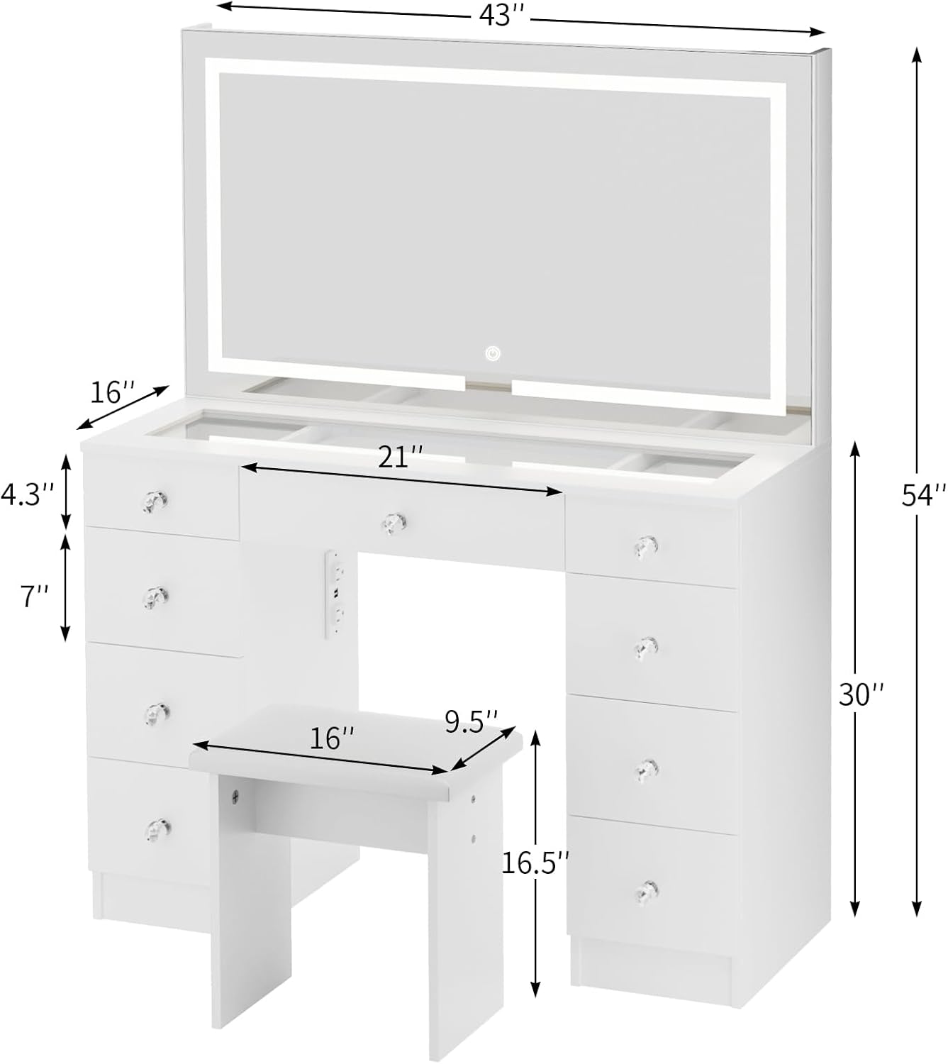 VOWNER Vanity with Lighted Mirror - Glass Top Makeup Desk with Power Outlet and 9 Drawers, 3 Color Lighting Modes Adjustable Brightness, 43 Vanity Desk with Soft Cushioned Stool for Bedroom, White