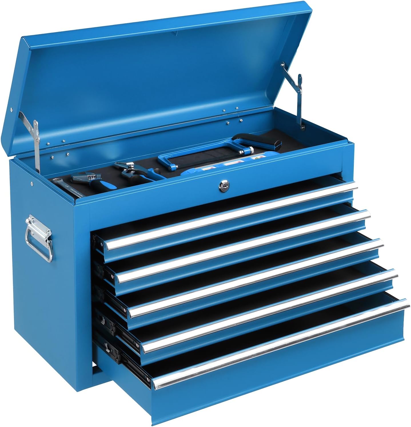Winado 24 Portable Tool Box, 5 Drawer Tool Chest with Carry Handle, Top Case, Ball Bearing Runners, Lockable Metal Hand Toolbox for Garage, Warehouse, Repair Shop & Home, Blue