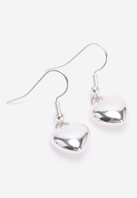 Womens Silver Heart Puff Drop Earrings